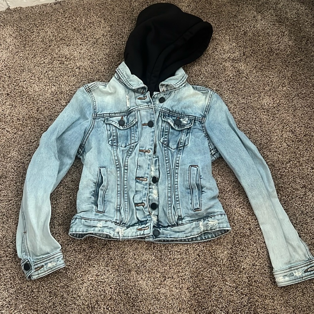 Blank NYC denim jacket with removable hood, size small, slight distressed detail